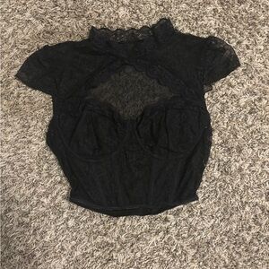 Black Lace Corset Style Sheer Choker Neck Top Size Small